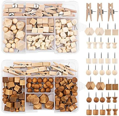 180 Pcs Wood Push Pins, 2 Colors and 7 Types Decorative Thumb Tacks Wooden Head Pin Map Tacks Marking Pin, Wood Thumb Tacks Decorative for Bulletin Boards Craft Projects with Storage Box