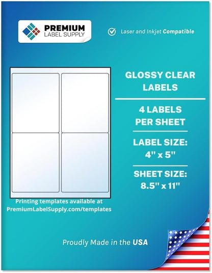 Premium Label Supply Glossy Clear Labels – 4" x 5" – Laser/Inkjet Compatible – (4 per Sheet), 1000 Sheets – 4,000 Total Adhesive Labels
