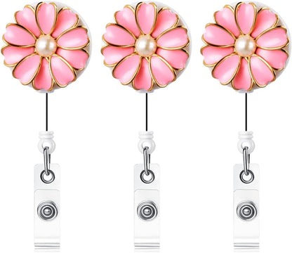 Retractable Badge Holder, ID Badge Reel with Pearl, 3 Pack (Pink)