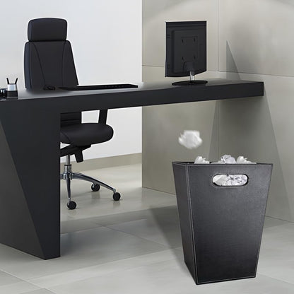 Pu Leather Trash Can for Bedroom, 16L/4.2 Gallon Office Wastebasket with Handles for Near Desk, Black Bathroom Garbage Cans for Home Decorative, Square Waste Basket Bin for Dorm Easy to Clean