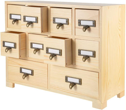 Apothecary Cabinet with 10 Drawers & Labels Rustic Library Card Catalog Cabinet Desktop Wooden Storage Box for Organize Herbal、Tea Bag、Jewelry (Wood)