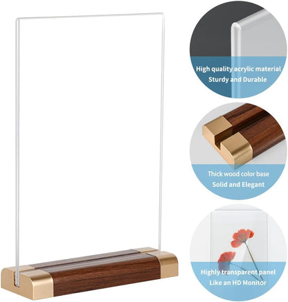 Acrylic Sign Holder 5" x 7" with Wood-Color Base, Tabletop Double-Sided Display Sign Frame Vertical Clear for Store/Coffee Shop/Restaurant Menu Hotel Display Board, 3 Pack T Shape