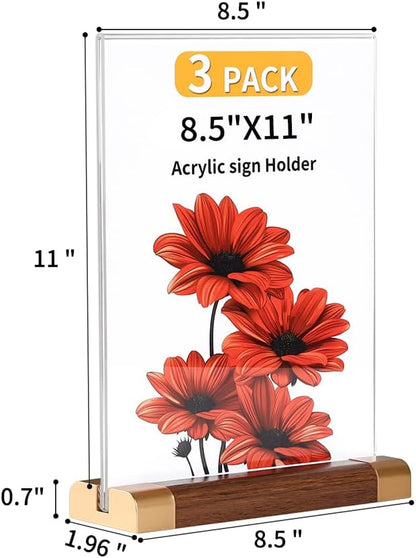 8.5 x 11 Inch Acrylic Sign Holder with Wood-Color Base 3 Pack, Acrylic T Shape Tabletop Double-Sided Display Sign Frame Vertical Clear for Store/Coffee Shop/Restaurant Menu Hotel Display Holder