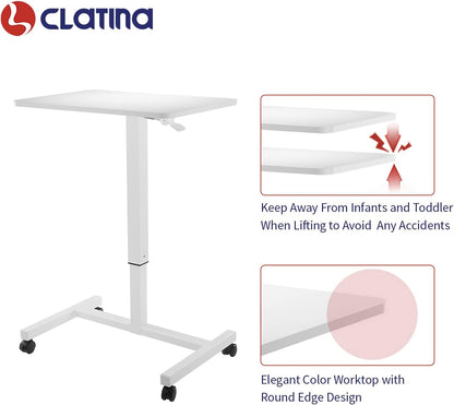 CLATINA Mobile Laptop Desk Pneumatic Sit to Stand Table Height Adjustable Rolling Cart with Lockable Wheels for Home Office Computer Workstation 28" x 19" White Round Edge Design Elegant