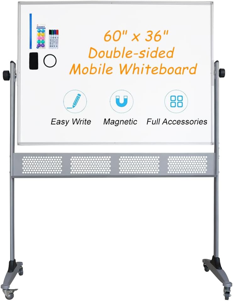 Xiwode Movable Double-Sided Magnetic Whiteboard with Wheels, Upgraded Durable Type of Mesh Bracket, Whiteboard Dimension 60×36,Can be Flipped, Written and Display, Suitable for Office and Classroom
