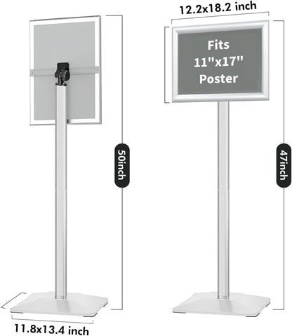 Heavy Duty Adjustable Pedestal Poster Sign Stand, 11x17 Aluminum Open Floor Standing Sign Holder for Vertical and Horizontal View Display, Silver
