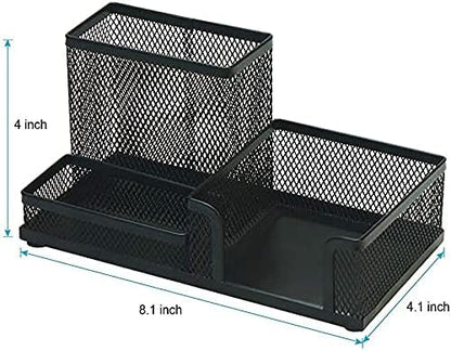Desk Pencil Holders Desk Organizer Office Supplies Caddy with Sticky Notes Holder for Office School Home 3 Compartments Black