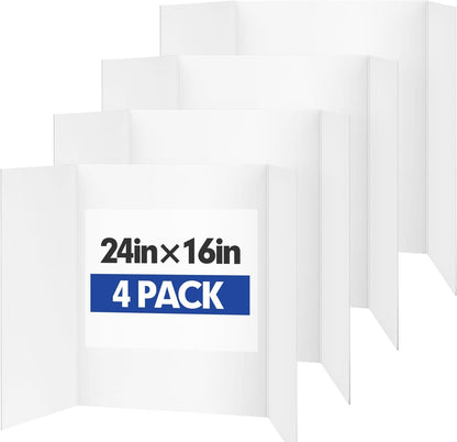 Trifold Poster Board,4 Pack 24" x 16" White Corrugated Poster Boards,Display Board,Perfect for School Projects, Science Fairs, Event Displays, and Business Presentations