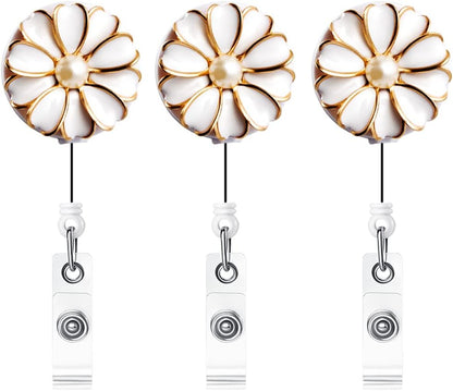 Retractable Badge Holder, ID Badge Reel with Pearl, 3 Pack (White)