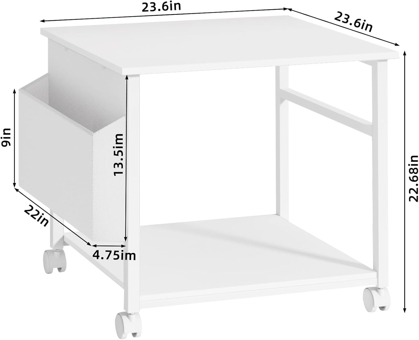 Lerliuo Large Printer Stand with Storage Shelf, 23.6 x 23.6 x 22.8 Industrial Printer Table for Home Office, Rolling Printer Cart Holder with Lockable Wheels, Mobile Mini Fridge Stand Table (White)