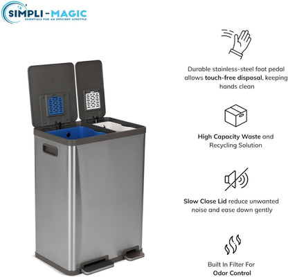 Simpli-Magic 16 Gallon (38L x 22L) Dual Compartment Step Trash Can – Kitchen Garbage Can with Waste & Recycling Bins – Slow-Close Lid, Odor Control, Hands-Free, Easy to Clean, Brushed Stainless Steel