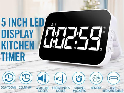 LED Timer（1.5" Number） with Voice Reminder, Digital Magnetic Timer, Countdown/Up, Rechargeabilit, Brightness Display, 3 Volume Levels and Vibration Mode, for Classroom, Study (White)