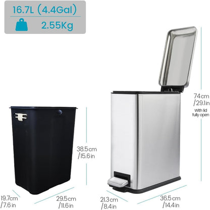 16.7L/ 4.4 Gallon Rectangular Slim Kitchen Trash Can with Removable Inner Bucket, Soft Close lid, Stainless Steel Step Pedal Garbage Can for Bathroom, Kitchen, Home Office, Brushed Silver