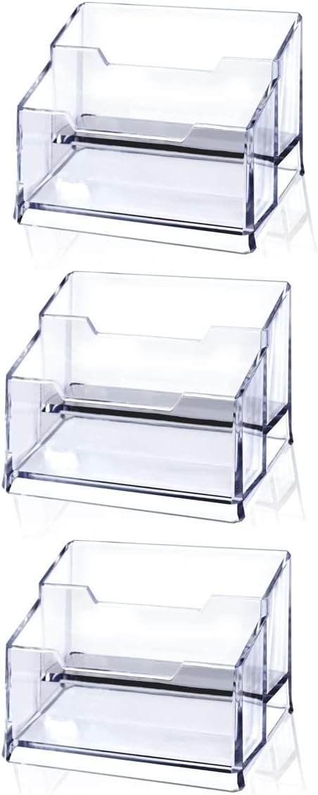 3 Pack Clear Acrylic Business Card Holder,2 Tier Premium Acrylic Clear Business Card Holder Stand for Desk Fits 100 Business Cards