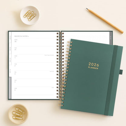 And Per Se 2026 Planner, A4 Size-Daily, Weekly & 18-Monthly Leather Hardcover Planner, Daily Schedule, Monthly Tabs, 100 GSM Thick Paper(Green)