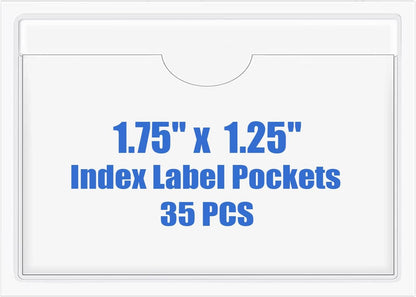 Origin-Joy 35 PCS Self Adhesive Index Card Pockets with Top Open, Clear Plastic Label Holder for Cards of Note, Library and Business, Adhesive Label Pockets & Card Holder (1.75 x 1.25 inch)