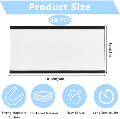 30 Pcs Magnetic Label Holder, 4 x 2 Inch C Channel Label Holders, Magnetic Data Card Holders with 60 White Card Inserts for Metal Shelf, Whiteboard, File Cabinet