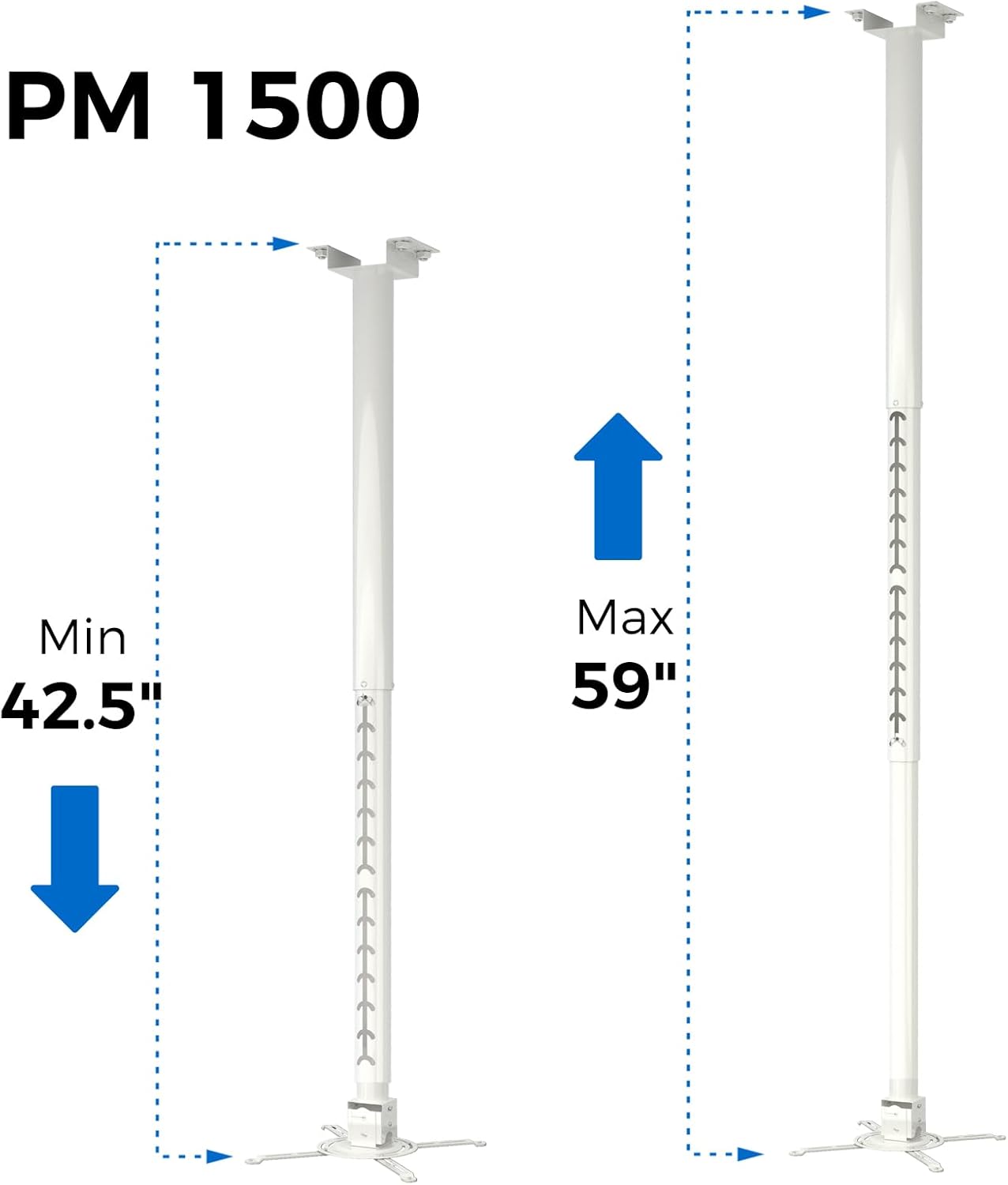 Projector Mount, 42.5 inch to 59 inch Adjustable Height ,Universal Full Motion Ceiling Bracket 22lb Max Weight and Extendable Arms Tilt Rotating Swivel Mount for Home and Office Projector White