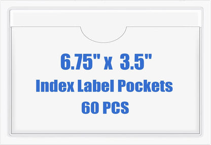 Origin-Joy 60 PCS Self Adhesive Index Card Pockets with Top Open, Clear Plastic Label Holder for Cards of Note, Library and Business, Adhesive Label Pockets & Card Holder (6.75 x 3.5 inch)