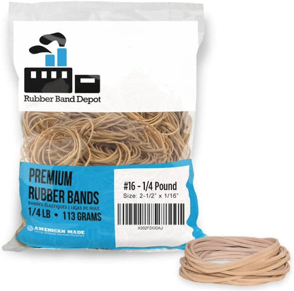 Rubber Band Depot, Size #16, Everyday Rubber Bands - Rubber Band Measurements: 2-1/2" x 1/16'' - Approximately 475 Rubber Bands Per Bag - 1/4 Pound Bag