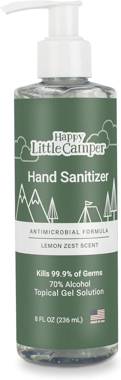 Happy Little Camper Hand Sanitizer with Lemon Zest Scent - Moisturizing Clear Gel with Vitamin E & Antimicrobial Formula- Contains 70% Ethyl Alcohol - Travel Size, Made in USA - 8 Fl Oz, 236ml