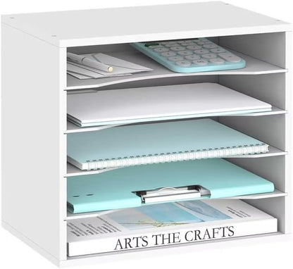 SUPEASY Wood Desk Organizer, 5 Tier Paper File Organizer for Desk, Wooden Desktop Organizer, Paper Letter Literature Mail Sorter, for Office School & Home Organization, White