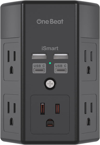 Surge Protector, 5 Outlets Extender with 4 USB Ports(USB C), 3-Side 1680J Power Strip Multi Plug Outlet Expander, USB Wall Charger, Outlet Splitter Adapter Wall Mount for Home Office ETL Listed（Black）