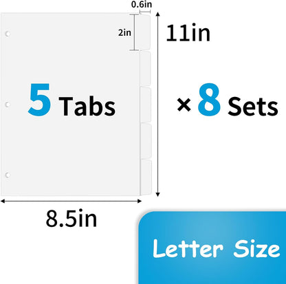 Binder Dividers for 3 Ring Binder, 1/5 Cut Tabs, Letter Size, Blank Write On Page Dividers with 5 Big Tabs for School Office Home, 8 Sets, 40 Dividers, White