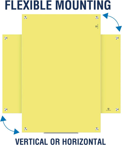 TSJ OFFICE Glass Dry-Erase Board - 36 x 24 Inches Wall Mounted Magnetic Whiteboard, Large Frameless Glass White Board for Office, Home & School, Yellow