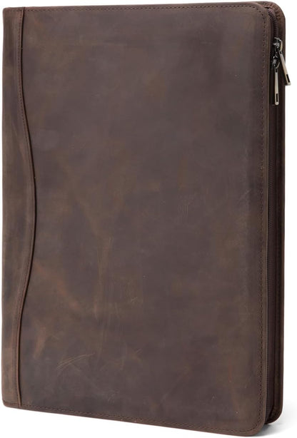 Genuine Leather Portfolio, Legal Size 8.5 x 14 Pad Holder, Business Padfolio for Men and Women, Zippered Laptop Organizer, Executive Professional Work Travel Notepad Folio, Dark Khaki
