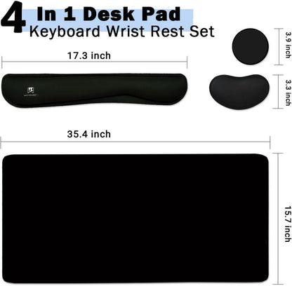 4-in-1 Large Gaming Mouse Pad, Keyboard Wrist Rest Pad & Wrist Support Mousepad Set, Extended Desk Pad Waterproof Desk Mat for Home Office Study Game-Black