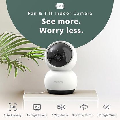 Swann EVO 2K Pan-Tilt Indoor Wi-Fi Security Camera: 2K HD video, plug-in, auto tracking, sound/motion/pet/person detection, live view, night vision, 2-way talk/siren, baby monitor, local/cloud storage
