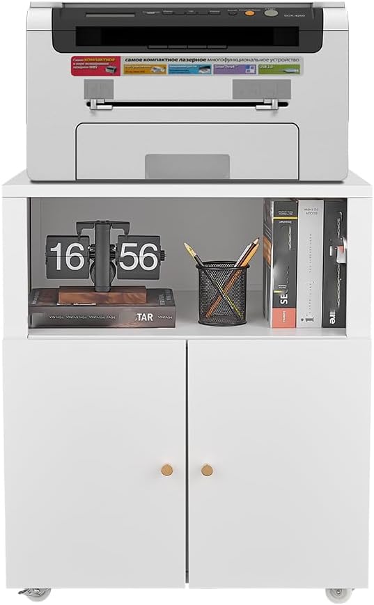 Metal Printer Stand with Storage, Large Black Printer Cabinet with Wheels and Adjustable Shelf for Home Office, Heavy Duty Printer Table