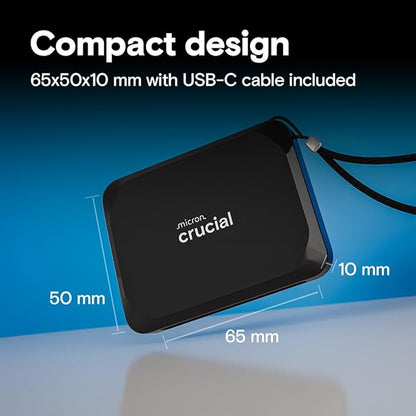 Crucial X9 2TB Portable SSD, Up to 1050MB/s, USB 3.2 USB-C, External Solid State Drive, Compatible with Windows, Mac, & Android, Reliable Storage for Games, Files, & Backups, Black - CT2000X9SSD902