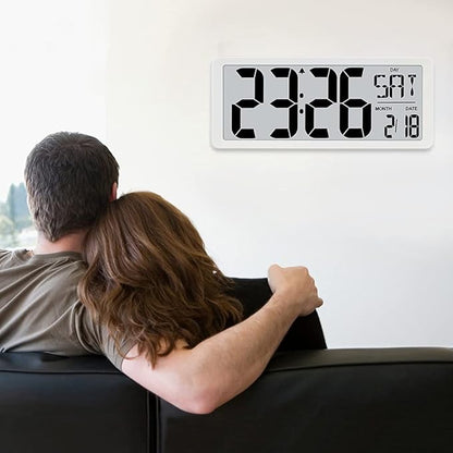 TXL 14.2" Large Digital Day Wall Clock, Custom 8 Languages Calendar, Count up-Down Timer and Temp Reminder, 12/24Hr Desktop Alarm Clock with Extra Large Display for Home Office Studio Hotel, White