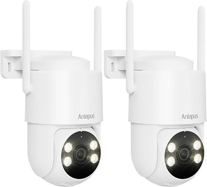 Anlapus 2 x C281 3MP 2K Security WiFi Camera Outdoor, 360° Pan/Tilt Wired Security Camera, AI Detect, Auto Track, Color Night Vision, 2-Way Talk, 2.4/5GHz, Light Siren Alarm, Cloud/Memory Card Storage