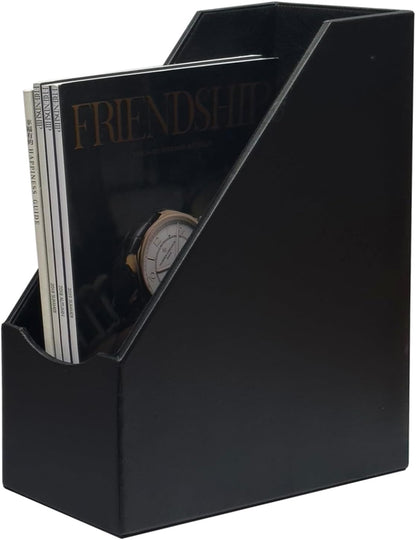 UnionBasic Magazine File Holder, Leatherette Desktop Document Organizer, Home Office Paper Holder File Storage Literature Sorter, Black