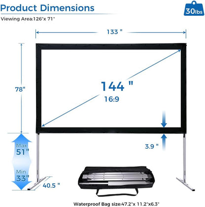 Projector Screen with Stand 144inch, SCREENPRO Portable Fast-Folding Movie Screen with (Max 20.7") Adjustable Leg and Carry Bag, 16:9 HD 4K Indoor/Outdoor Projector Screen for Home Theater