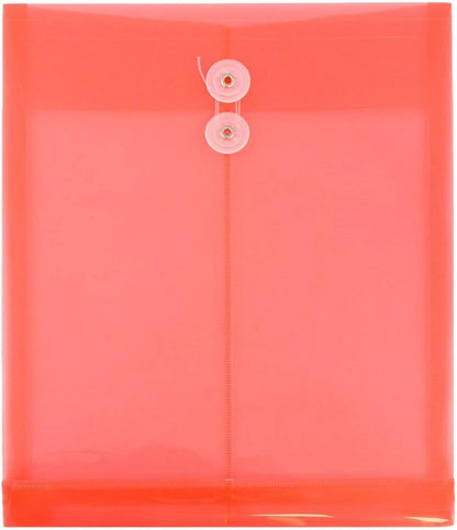 JAM PAPER Plastic Envelopes with Button & String Tie Closure - Letter Open End - 9 3/4 x 11 3/4 - Red - 12/Pack