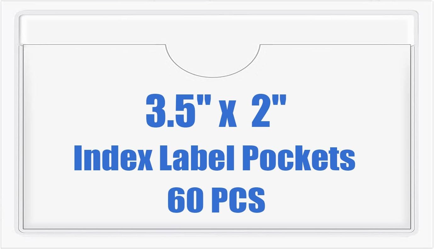 Origin-Joy 60 PCS Self Adhesive Index Card Pockets with Top Open, Clear Plastic Label Holder for Notes, Library and Business, Adhesive Label Pockets & Holder (3.5 x 2 inch)