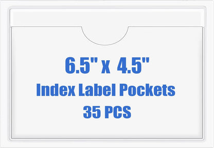 Origin-Joy 35 PCS Self Adhesive Index Card Pockets with Top Open, Clear Plastic Label Holder for Notes, Library and Business, Adhesive Label Pockets & Card Holder (6.5 x 4.5 inch)