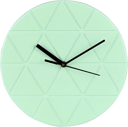 Mint Green Wooden Wall Clock 24cm Round Geometric Triangle Pattern MDF, (Batteries not Included)