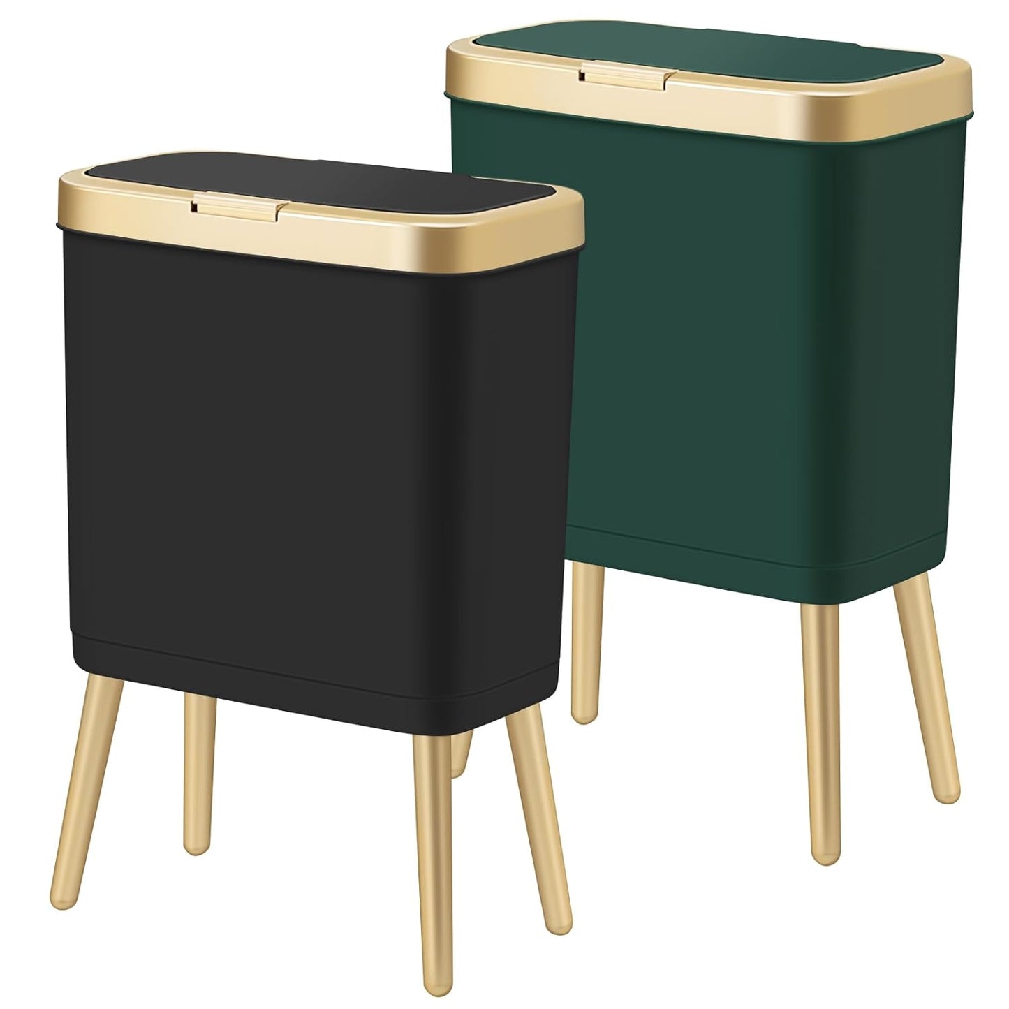 Procade 2Pack BathroomTrash Can with Lid, Modern Garbage Bin for Kitchen, 4 Gallon Garbage Can with Gold Edge, Plastic Trash Bin Waste Basket for Bedroom, Living Room,Office(Black+Green)
