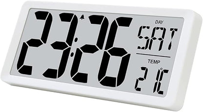 TXL 14.2" Large Digital Day Wall Clock, Custom 8 Languages Calendar, Count up-Down Timer and Temp Reminder, 12/24Hr Desktop Alarm Clock with Extra Large Display for Home Office Studio Hotel, White