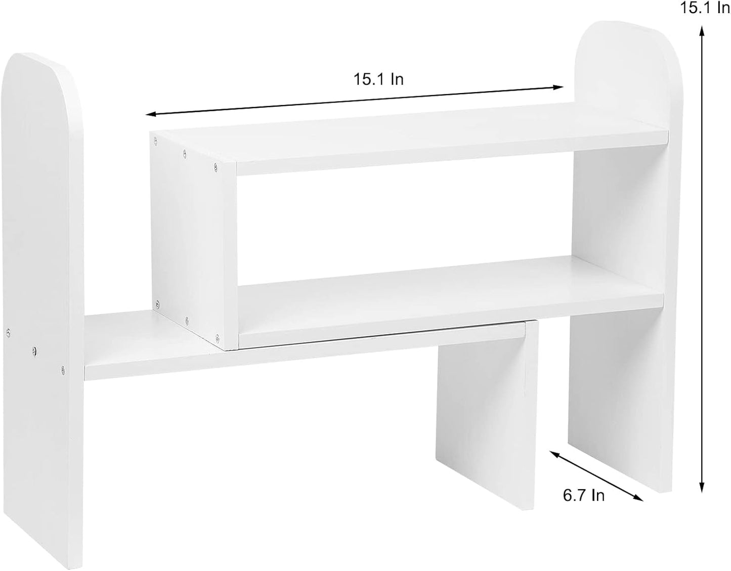 VERGOODR Desktop Adjustable Natural Wood Book Shelf Organizer Office Storage Rack Display Stand Caddy Set Expandable Desk Organizer (White)