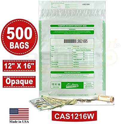 500 Cashier Depot Tamper Evident Bank Deposit Bags, 12" x 16" White/Opaque, Serialized Numbering, Barcode, Press & Seal Void Closure Tape (500 Bags)