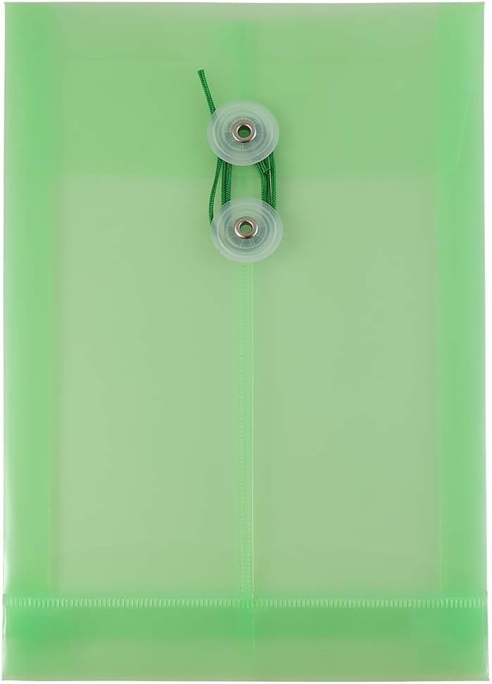 JAM PAPER Plastic Envelopes with Button & String Tie Closure - 6 1/4 x 9 1/4 - Green - 12/Pack