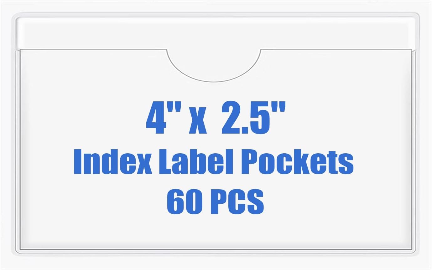 Origin-Joy 60 PCS Self Adhesive Index Card Pockets with Top Open, Clear Plastic Label Holder for Cards of Note, Library and Business, Adhesive Label Pockets & Card Holder (4 x 2.5 inch)