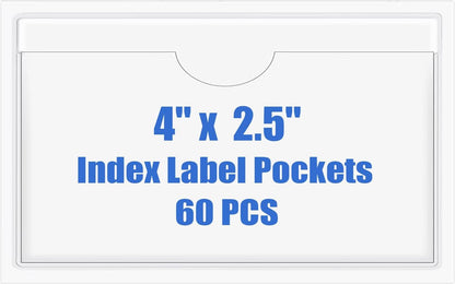 Origin-Joy 60 PCS Self Adhesive Index Card Pockets with Top Open, Clear Plastic Label Holder for Cards of Note, Library and Business, Adhesive Label Pockets & Card Holder (4 x 2.5 inch)