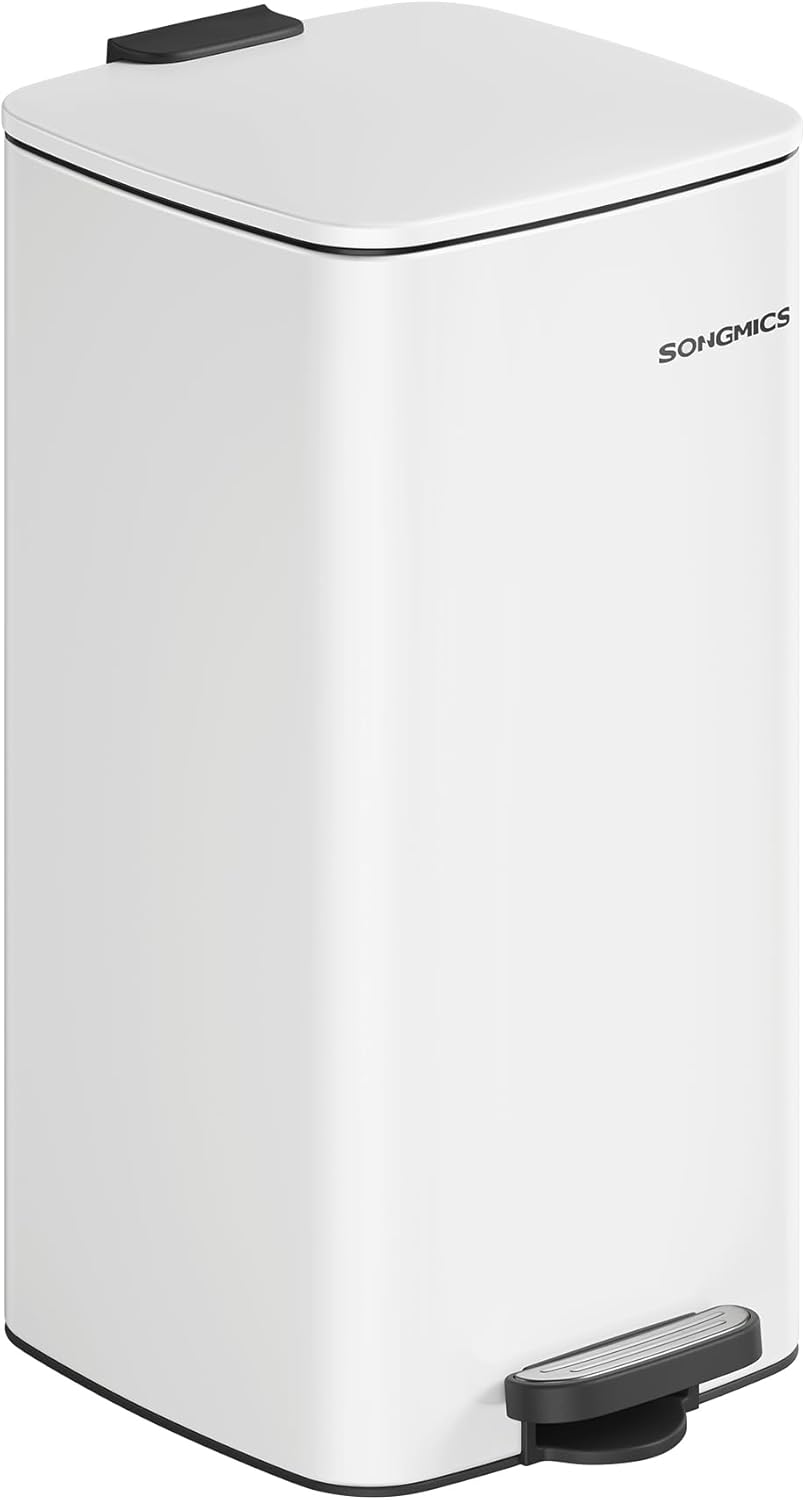SONGMICS Kitchen Trash Can, 8-Gallon (30 L) Trash Bin, Stainless Steel Garbage Can, with Inner Bucket, Soft Close and Stays Open, Cloud White ULTB593W01